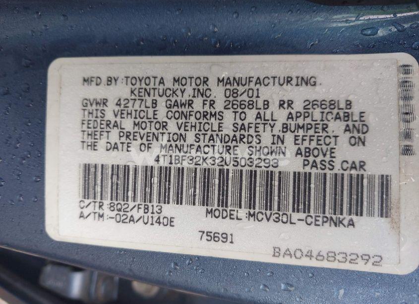 Photo 9 of 2002 Toyota Camry LE V6 (VIN 4T1BF32K32U503293)