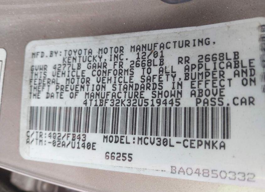 Photo 9 of 2002 Toyota Camry LE V6 (VIN 4T1BF32K32U519445)