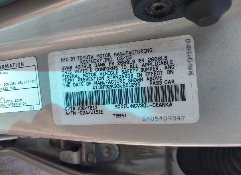 Photo 9 of 2003 Toyota Camry LE (VIN 4T1BF32K33U551295)