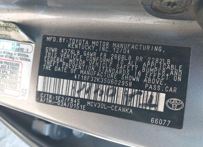 Photo 9 of 2005 Toyota Camry LE V6/XLE V6 (VIN 4T1BF32K354602958)