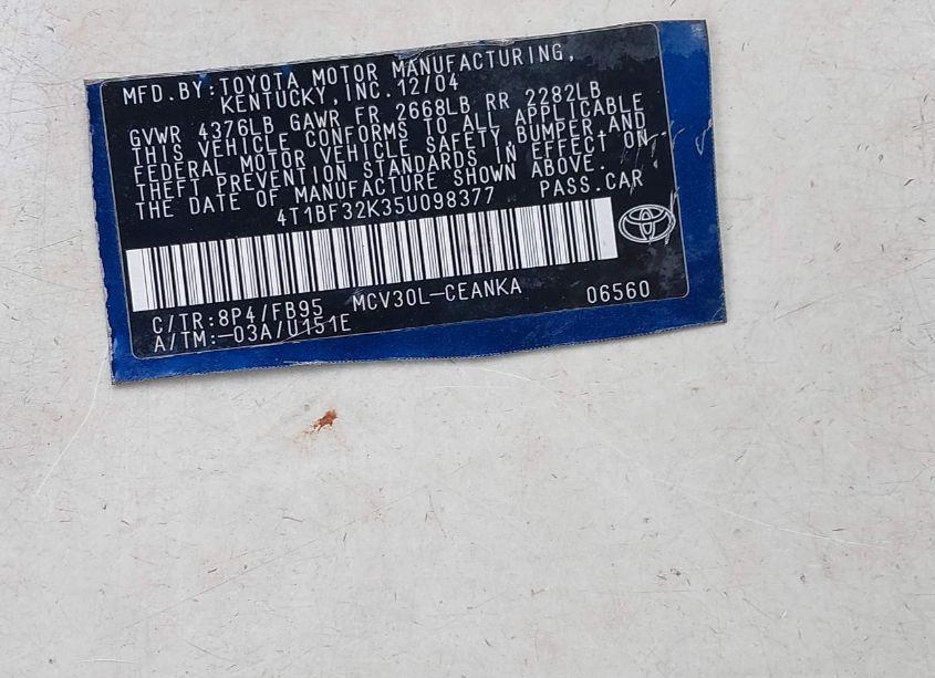 Photo 9 of 2005 Toyota Camry LE V6 (VIN 4T1BF32K35U098377)