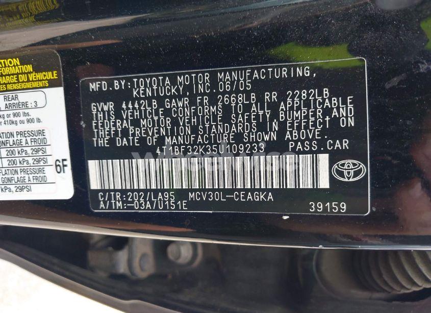 Photo 9 of 2005 Toyota Camry XLE V6 (VIN 4T1BF32K35U109233)