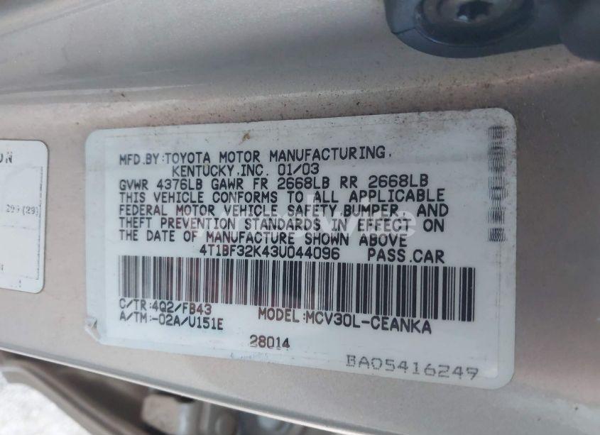 Photo 9 of 2003 Toyota Camry LE V6 (VIN 4T1BF32K43U044096)