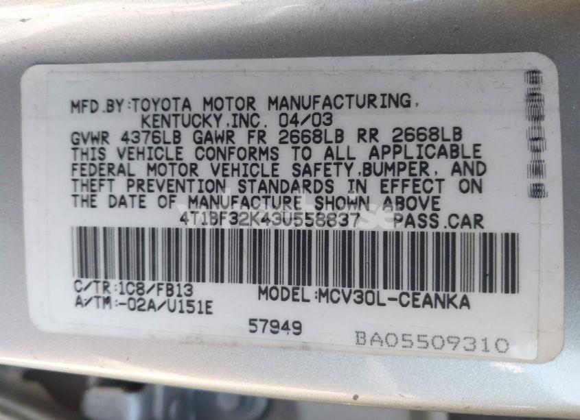 Photo 9 of 2003 Toyota Camry LE V6 (VIN 4T1BF32K43U558837)
