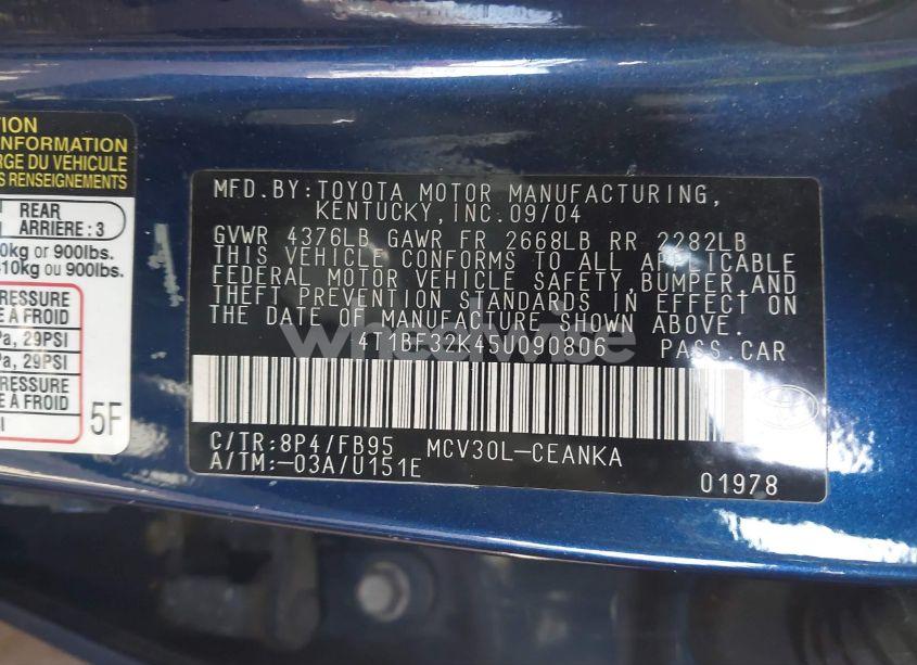 Photo 9 of 2005 Toyota Camry LE V6 (VIN 4T1BF32K45U090806)