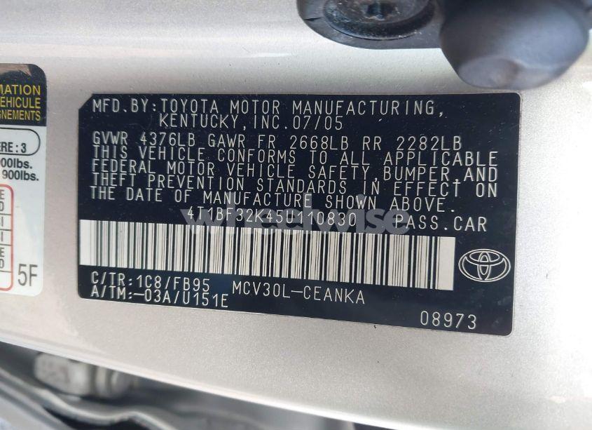 Photo 9 of 2005 Toyota Camry LE V6 (VIN 4T1BF32K45U110830)