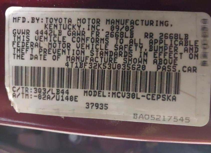 Photo 9 of 2003 Toyota Camry SE V6 (VIN 4T1BF32K53U035620)