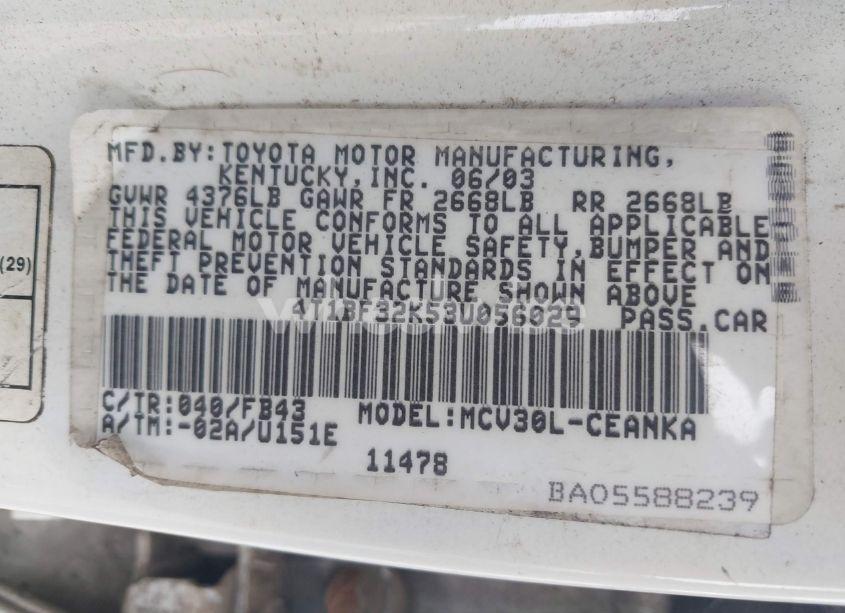 Photo 9 of 2003 Toyota Camry LE V6 (VIN 4T1BF32K53U056029)