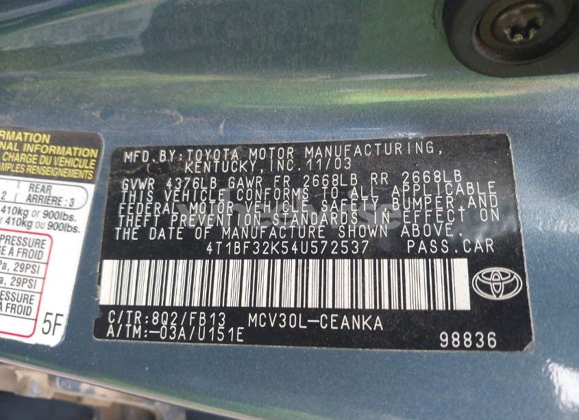 Photo 9 of 2004 Toyota Camry LE V6 (VIN 4T1BF32K54U572537)