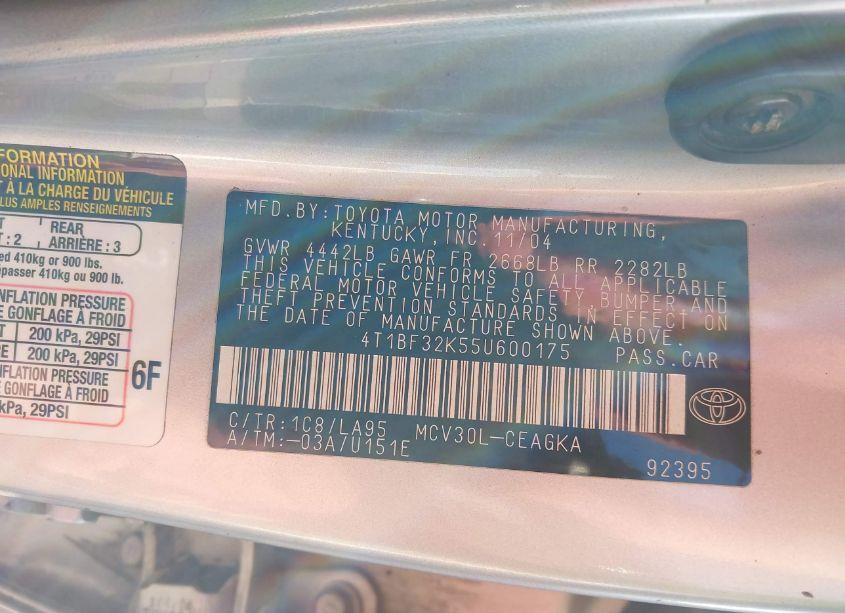 Photo 9 of 2005 Toyota Camry XLE V6 (VIN 4T1BF32K55U600175)