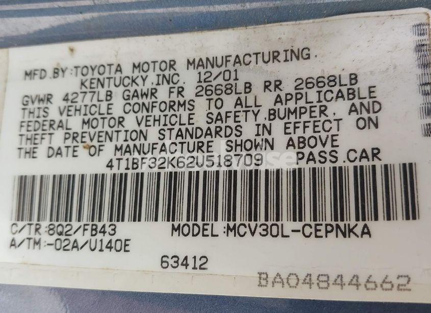 Photo 9 of 2002 Toyota Camry LE V6 (VIN 4T1BF32K62U518709)