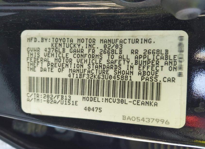 Photo 9 of 2003 Toyota Camry LE V6 (VIN 4T1BF32K63U045881)