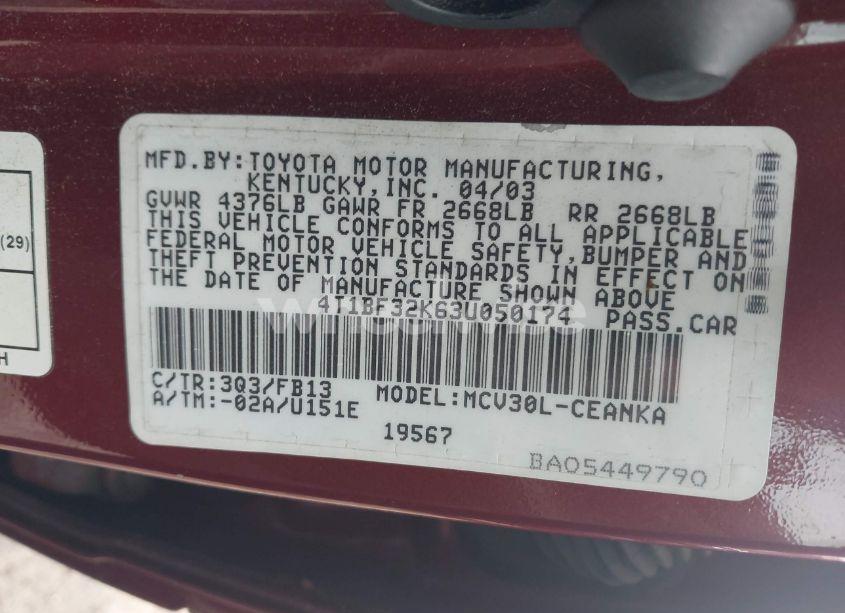 Photo 9 of 2003 Toyota Camry LE V6 (VIN 4T1BF32K63U050174)