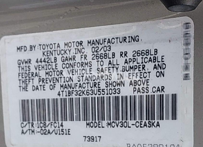 Photo 9 of 2003 Toyota Camry SE (VIN 4T1BF32K63U551033)