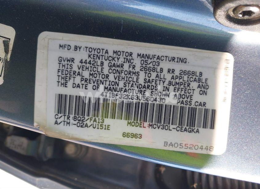 Photo 9 of 2003 Toyota Camry XLE V6 (VIN 4T1BF32K63U560430)