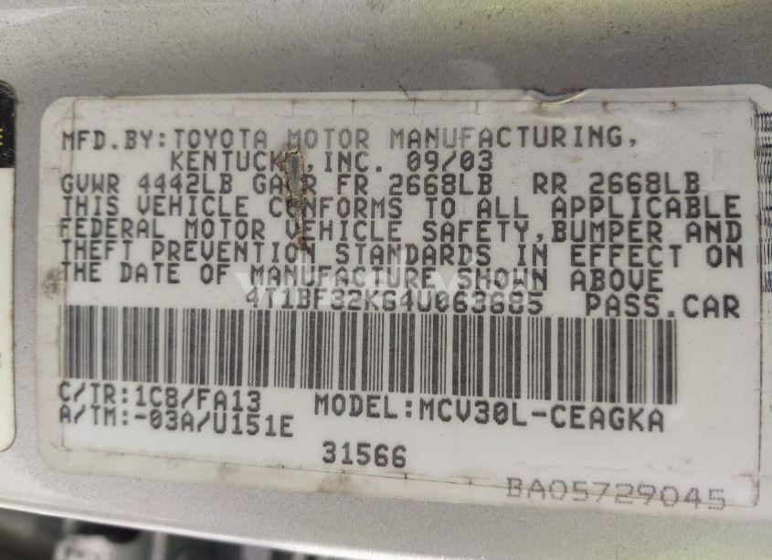 Photo 9 of 2004 Toyota Camry LE V6/XLE V6 (VIN 4T1BF32K64U063685)
