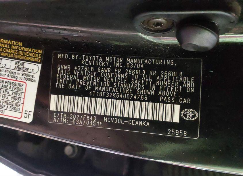 Photo 9 of 2004 Toyota Camry LE V6 (VIN 4T1BF32K64U074766)
