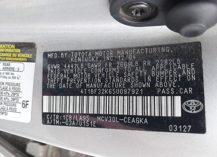 Photo 9 of 2005 Toyota Camry LE/XLE/SE (VIN 4T1BF32K65U097921)