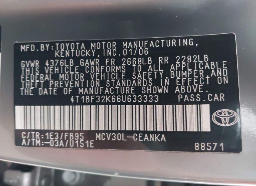 Photo 9 of 2006 Toyota Camry LE V6 (VIN 4T1BF32K66U633333)