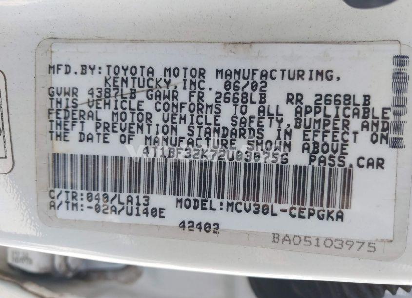 Photo 9 of 2002 Toyota Camry XLE V6 (VIN 4T1BF32K72U030756)