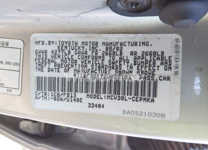 Photo 9 of 2002 Toyota Camry LE V6 (VIN 4T1BF32K72U035181)