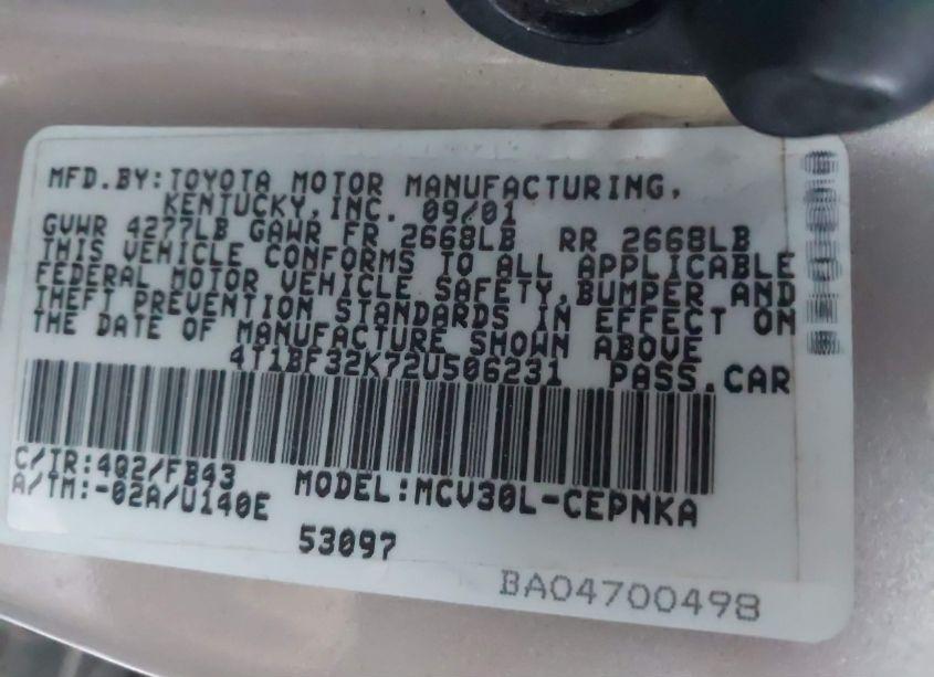 Photo 9 of 2002 Toyota Camry LE V6 (VIN 4T1BF32K72U506231)