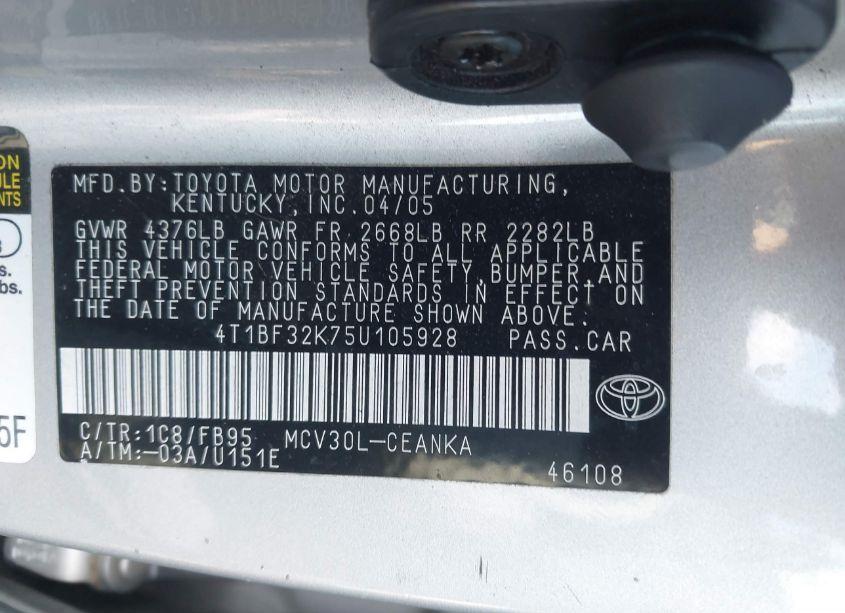Photo 9 of 2005 Toyota Camry LE V6 (VIN 4T1BF32K75U105928)