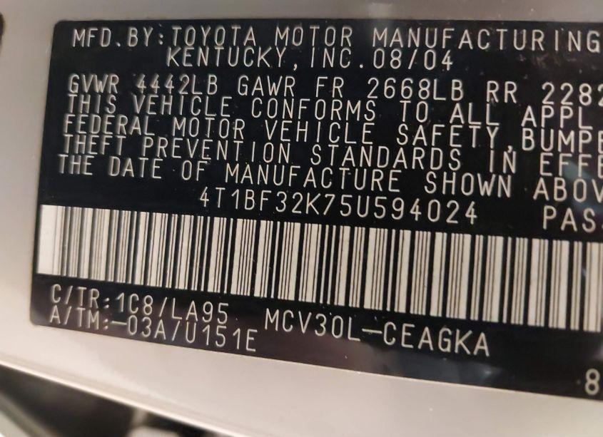 Photo 9 of 2005 Toyota Camry XLE V6 (VIN 4T1BF32K75U594024)