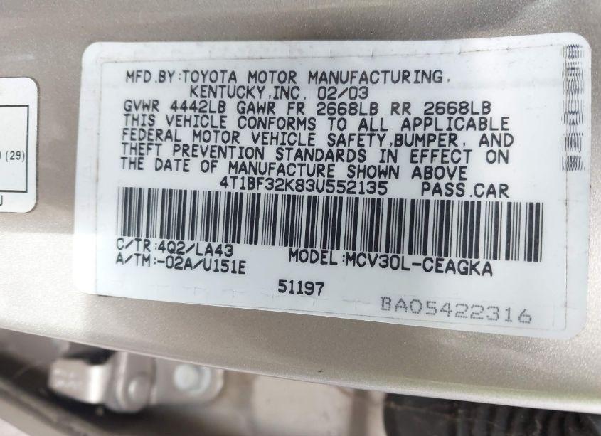 Photo 9 of 2003 Toyota Camry XLE V6 (VIN 4T1BF32K83U552135)