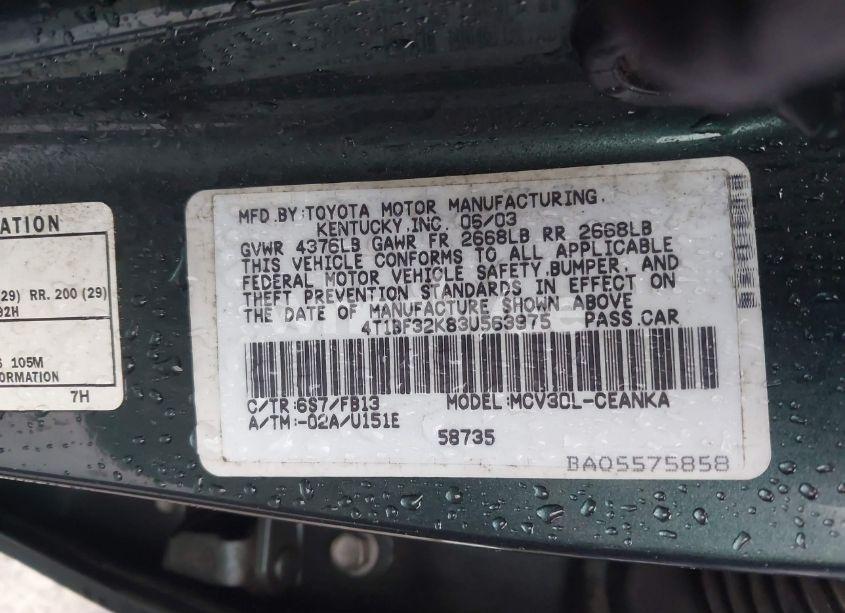 Photo 9 of 2003 Toyota Camry LE V6 (VIN 4T1BF32K83U563975)