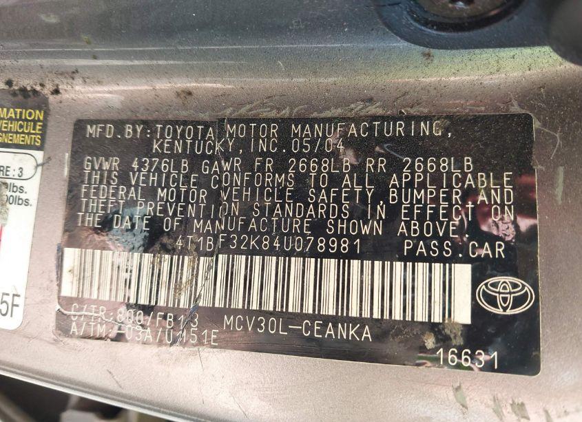 Photo 9 of 2004 Toyota Camry LE V6 (VIN 4T1BF32K84U078981)