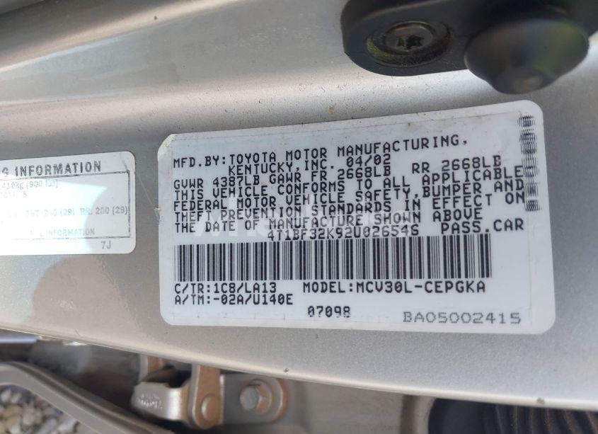 Photo 9 of 2002 Toyota Camry XLE V6 (VIN 4T1BF32K92U026546)