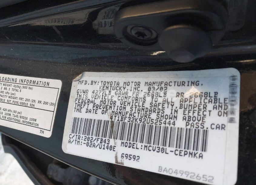 Photo 9 of 2002 Toyota Camry LE V6 (VIN 4T1BF32K92U525444)