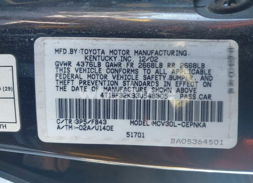 Photo 9 of 2003 Toyota Camry LE V6 (VIN 4T1BF32K93U548305)