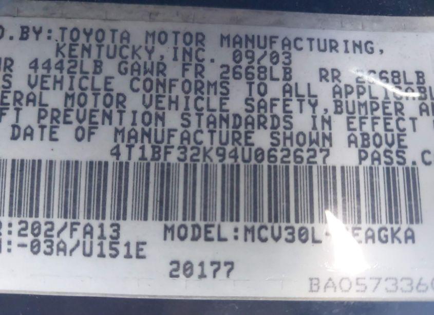 Photo 9 of 2004 Toyota Camry XLE V6 (VIN 4T1BF32K94U062627)