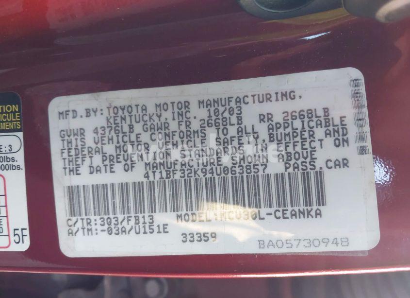 Photo 9 of 2004 Toyota Camry LE V6 (VIN 4T1BF32K94U063857)