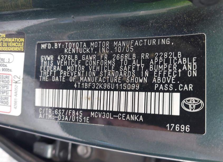 Photo 9 of 2006 Toyota Camry LE V6 (VIN 4T1BF32K96U115099)