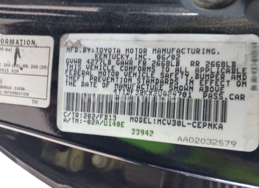 Photo 9 of 2002 Toyota Camry LE V6 (VIN 4T1BF32KX2U029701)