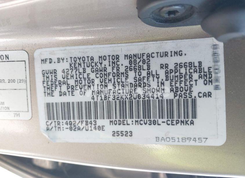 Photo 9 of 2002 Toyota Camry LE V6 (VIN 4T1BF32KX2U034414)