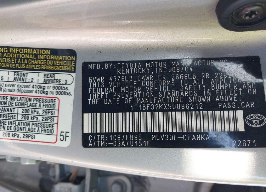 Photo 9 of 2005 Toyota Camry LE V6/XLE V6 (VIN 4T1BF32KX5U086212)
