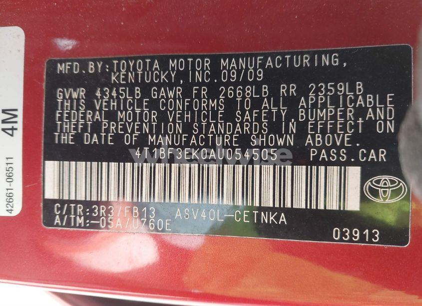 Photo 9 of 2010 Toyota Camry LE (VIN 4T1BF3EK0AU054505)