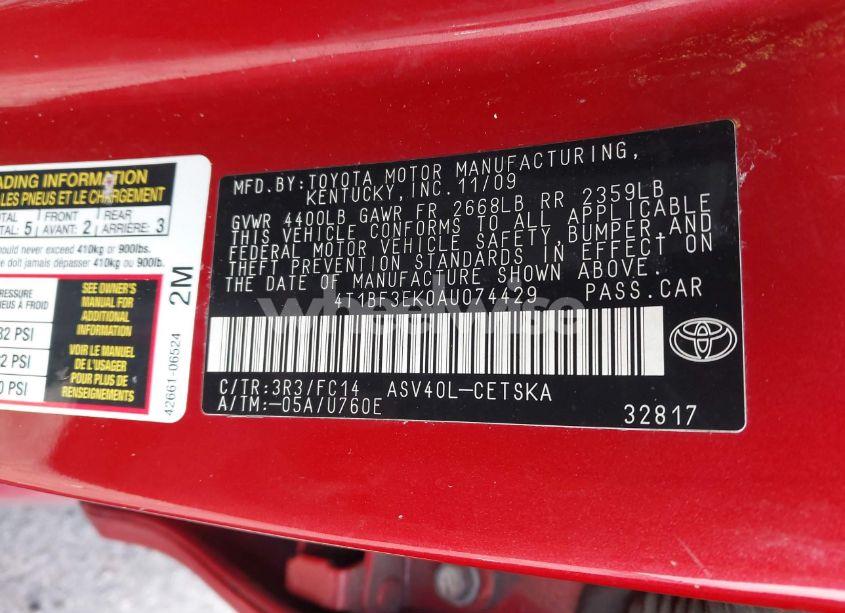 Photo 9 of 2010 Toyota Camry SE (VIN 4T1BF3EK0AU074429)