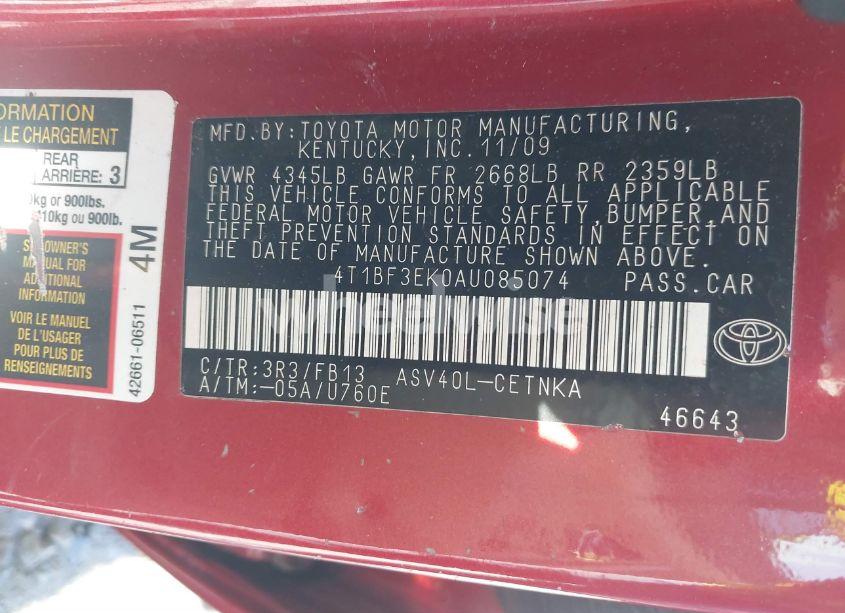 Photo 9 of 2010 Toyota Camry LE (VIN 4T1BF3EK0AU085074)