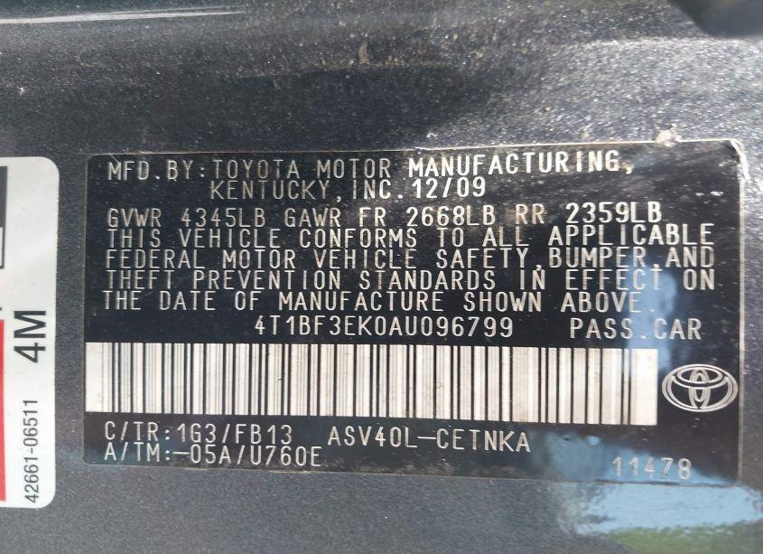 Photo 9 of 2010 Toyota Camry LE (VIN 4T1BF3EK0AU096799)