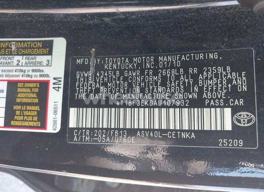 Photo 9 of 2010 Toyota Camry LE (VIN 4T1BF3EK0AU107932)