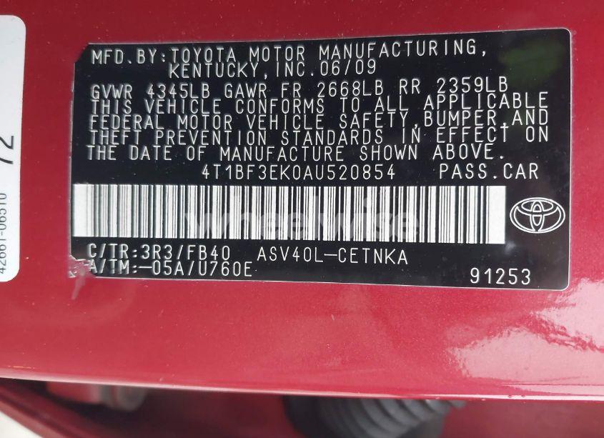 Photo 9 of 2010 Toyota Camry LE (VIN 4T1BF3EK0AU520854)