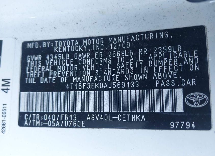 Photo 9 of 2010 Toyota Camry LE (VIN 4T1BF3EK0AU569133)