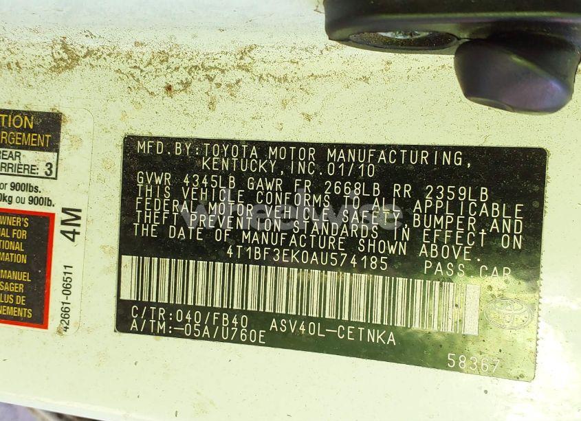 Photo 9 of 2010 Toyota Camry LE (VIN 4T1BF3EK0AU574185)