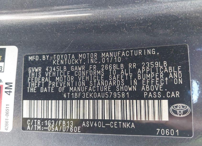 Photo 9 of 2010 Toyota Camry LE (VIN 4T1BF3EK0AU579581)