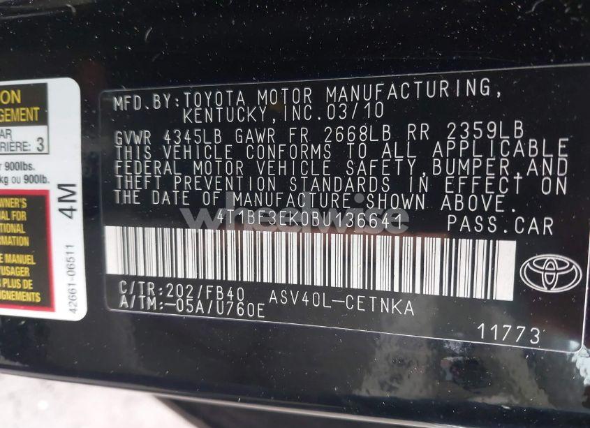 Photo 9 of 2011 Toyota Camry LE (VIN 4T1BF3EK0BU136641)